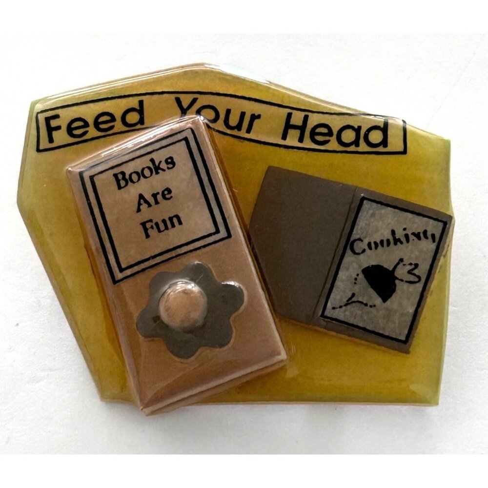 Feed Your Head Book Pin Brooch By Lucinda Vintage Faux Pearl Flower